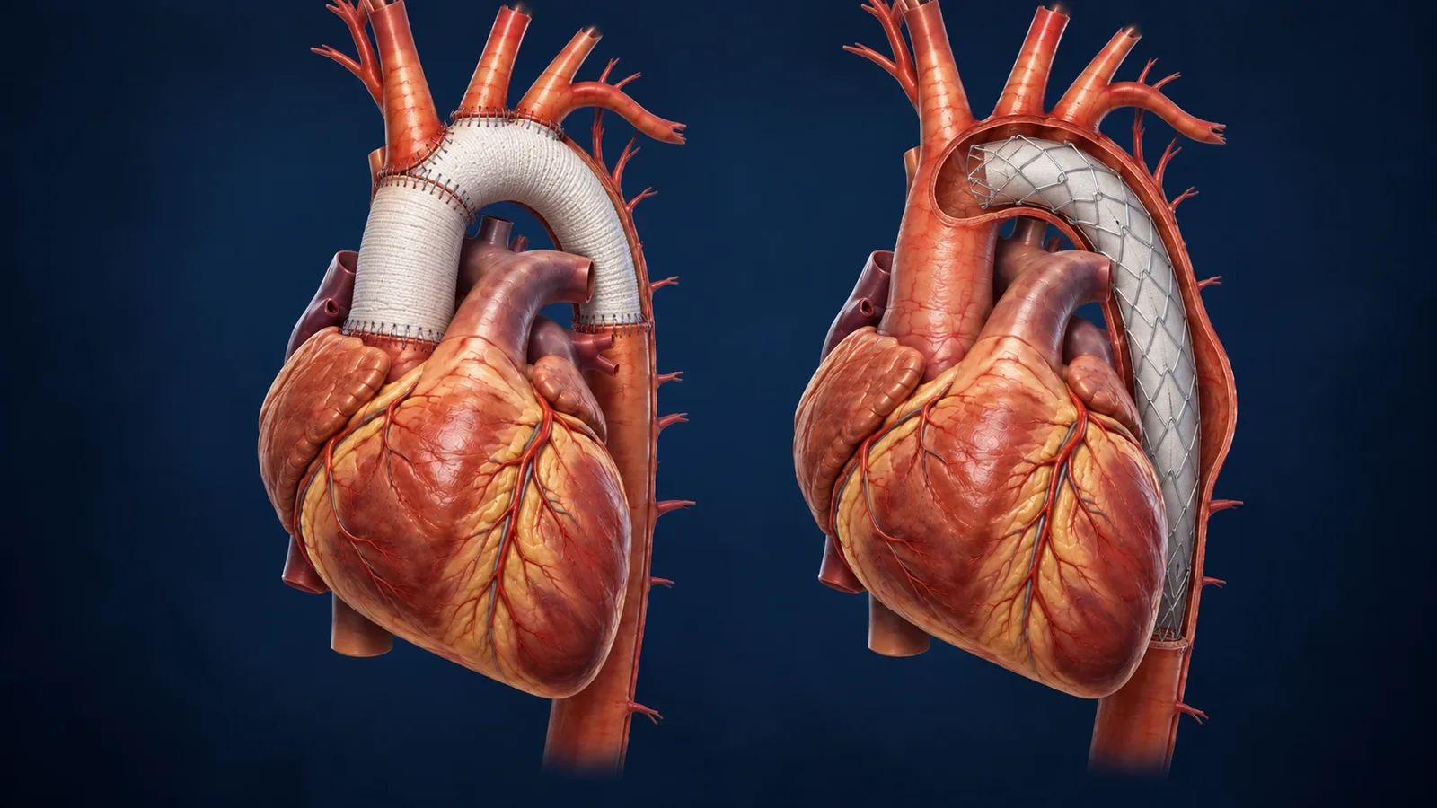 Ilustração comparando a cirurgia aberta, com um tubo de prótese costurado no lugar da aorta doente, e a endoprótese, colocada por dentro do vaso