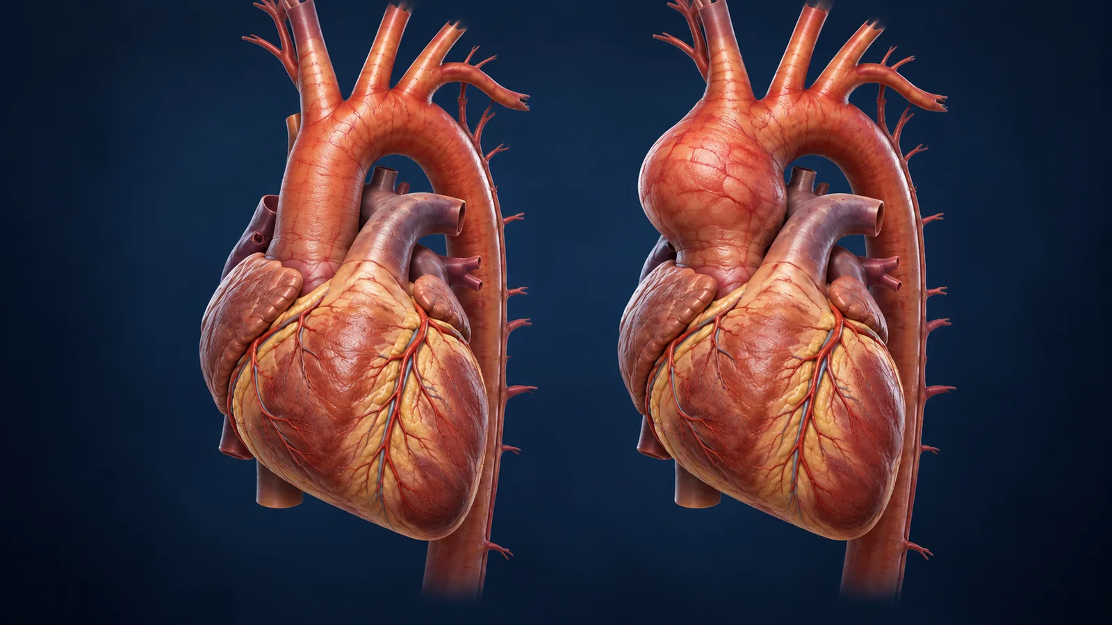 Ilustração comparando uma aorta de calibre normal, à esquerda, com um aneurisma da aorta ascendente, à direita